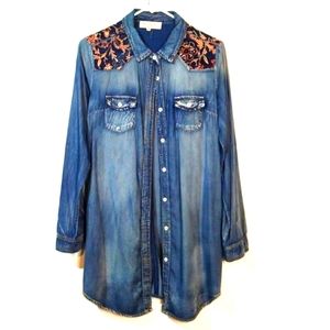 Denim button down cotton silk shirt tunic shacket pockets long